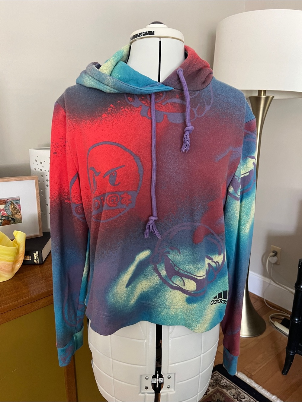 adidas Multicolor Spray-Graphic Crewneck Cropped Hoodie - Red, Teal, Purple